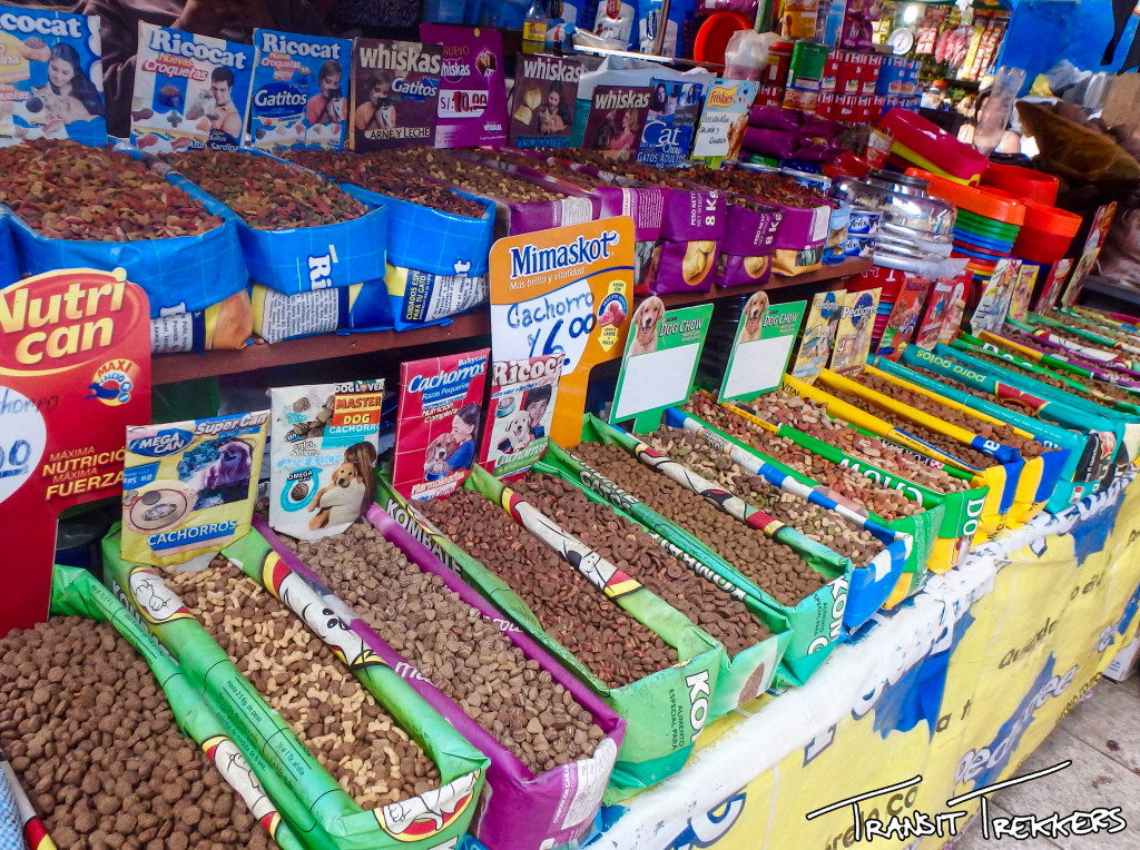 Dog and cat food for sale at El Mercado in Arequipa, Peru.